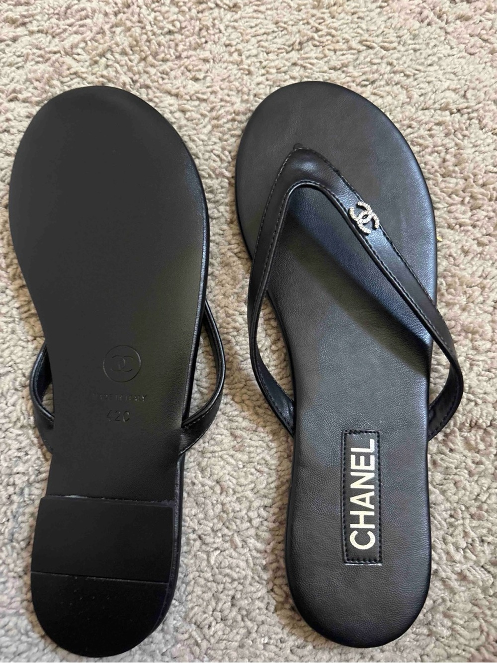 CHANEL Black Leather Logo Thong Sandals